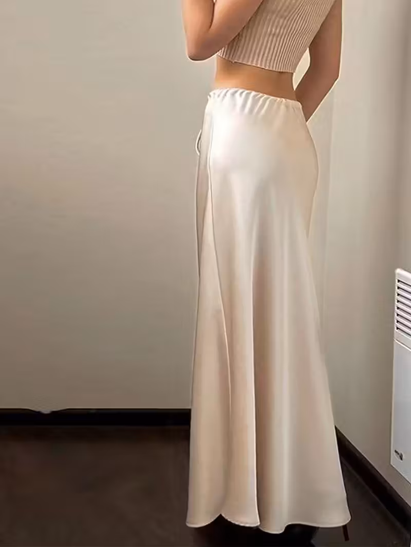 Satin Midi Skirt with Adjustable Drawstring