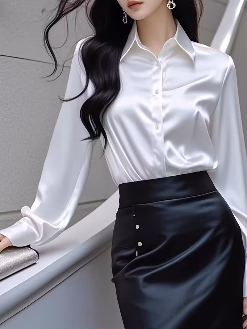 Elegant Solid Long Sleeve Blouse with Single Button Closure