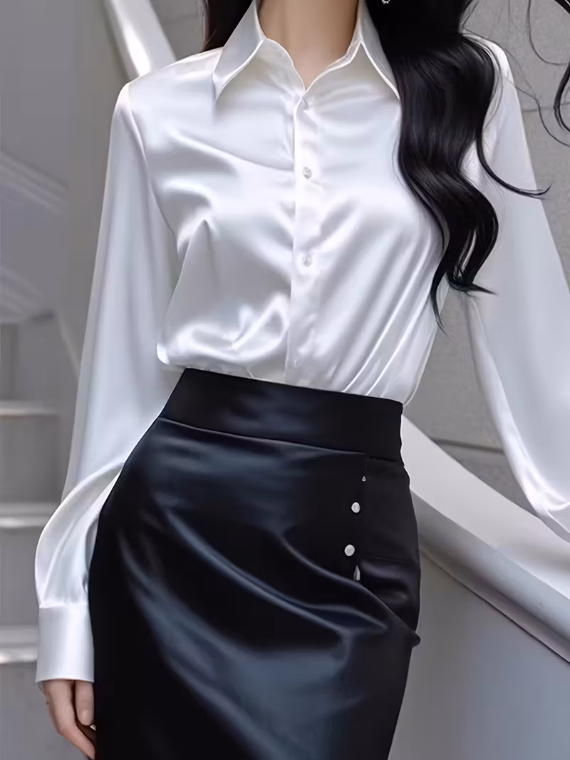 Elegant Solid Long Sleeve Blouse with Single Button Closure 