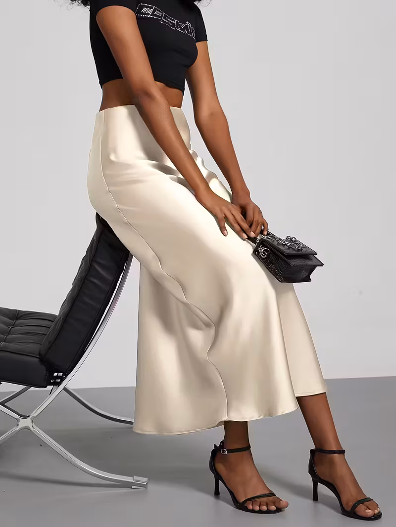 Elegant Beige Satin Midi Skirt