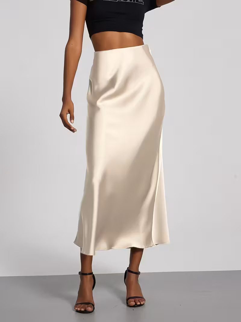 Elegant Beige Satin Midi Skirt