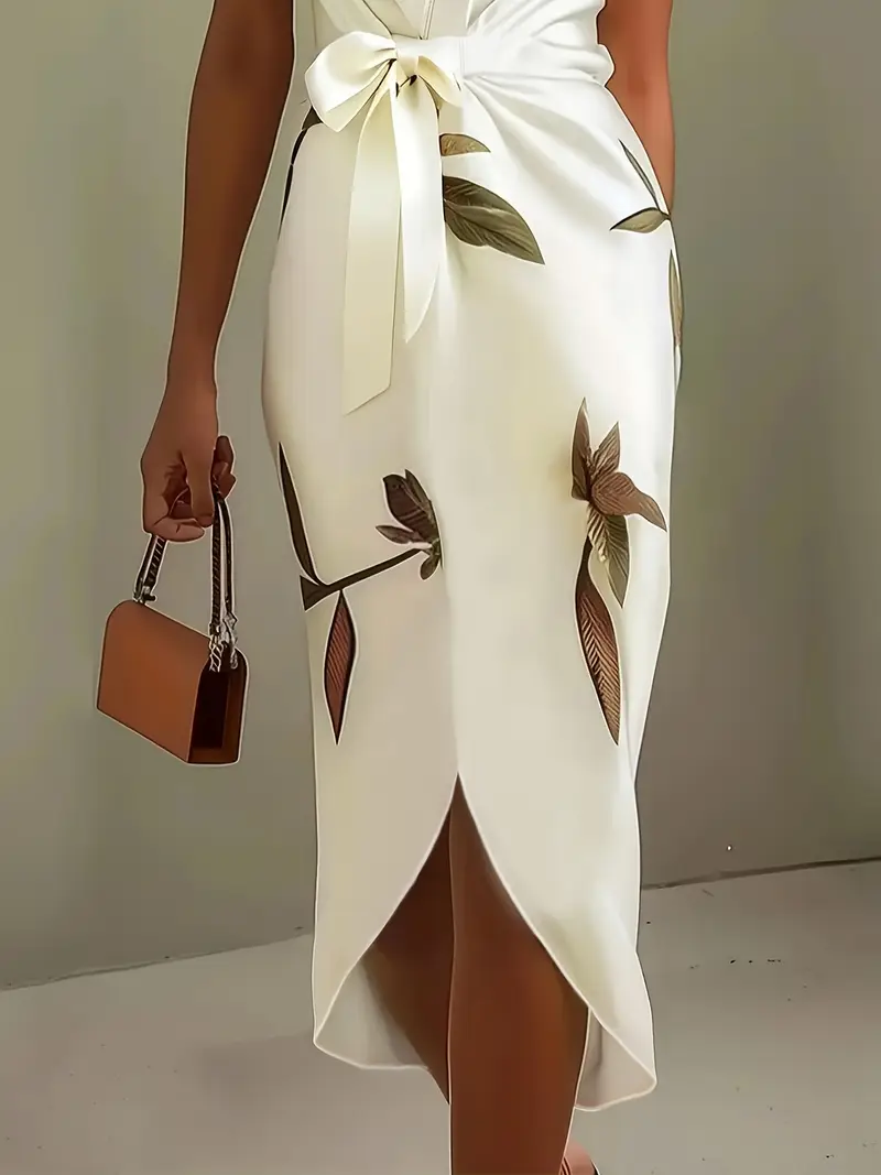Elegant Leaf Print Satin Wrap Dress with Belt