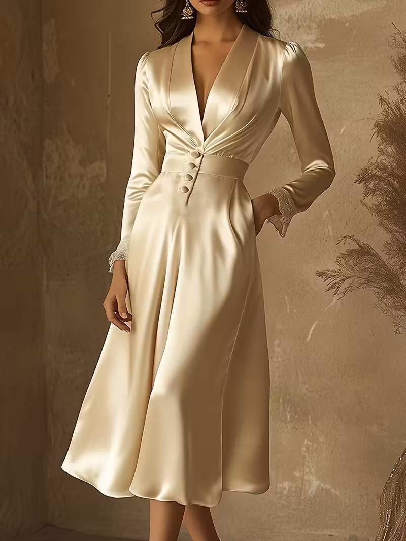 Satin Dress with Lace Sleeves 
