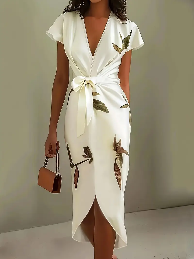 Elegant Leaf Print Satin Wrap Dress with Belt