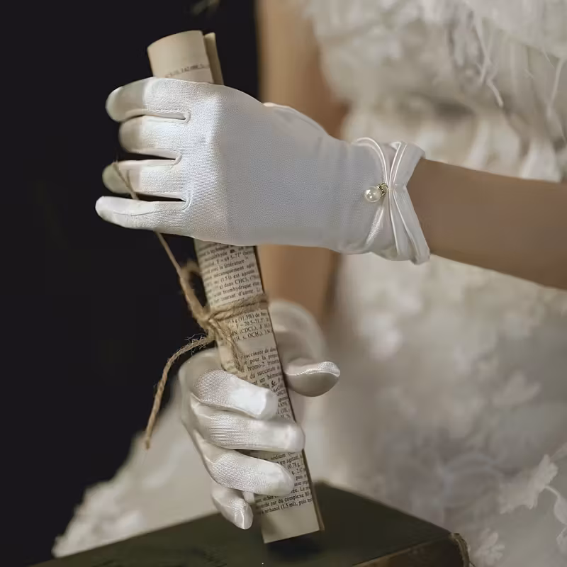 White Vintage Satin -Adorned Wedding Gloves 