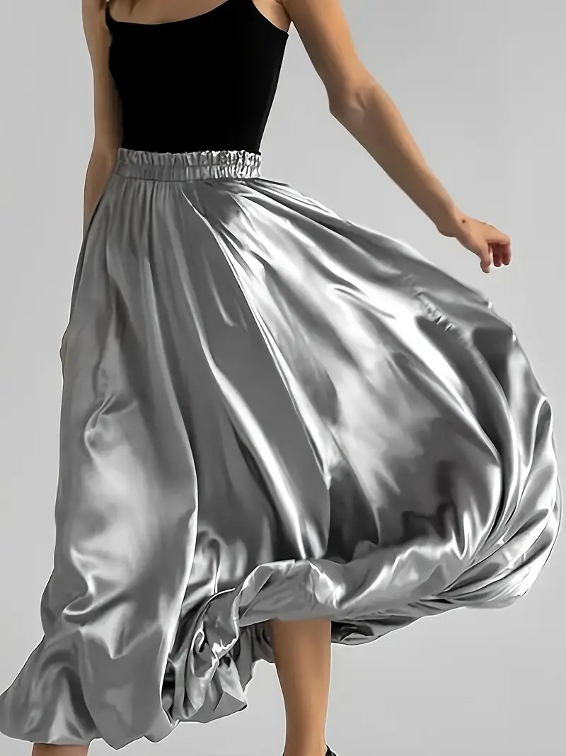 Silvery Satin A-Line Balloon Skirt 
