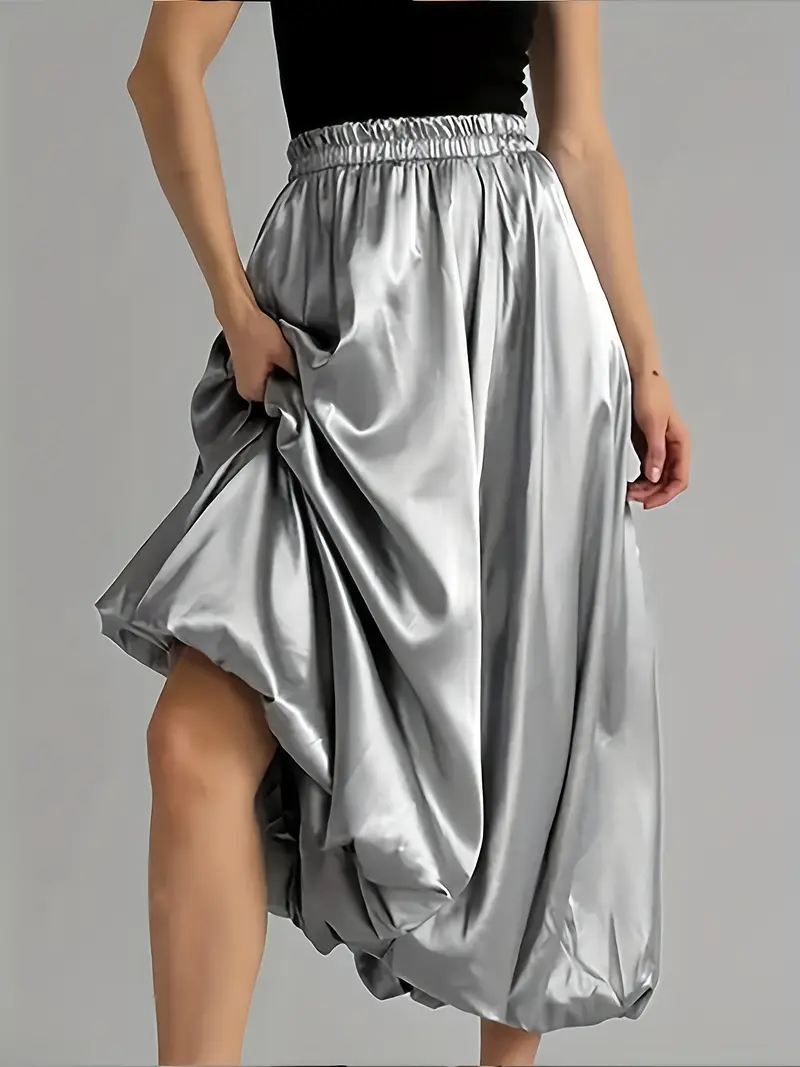 Silvery Satin A-Line Balloon Skirt 
