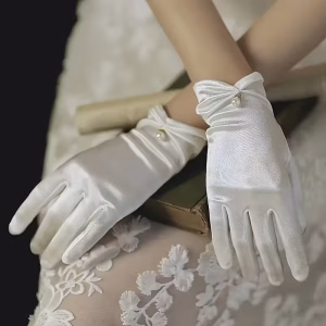 White Vintage Satin -Adorned Wedding Gloves 
