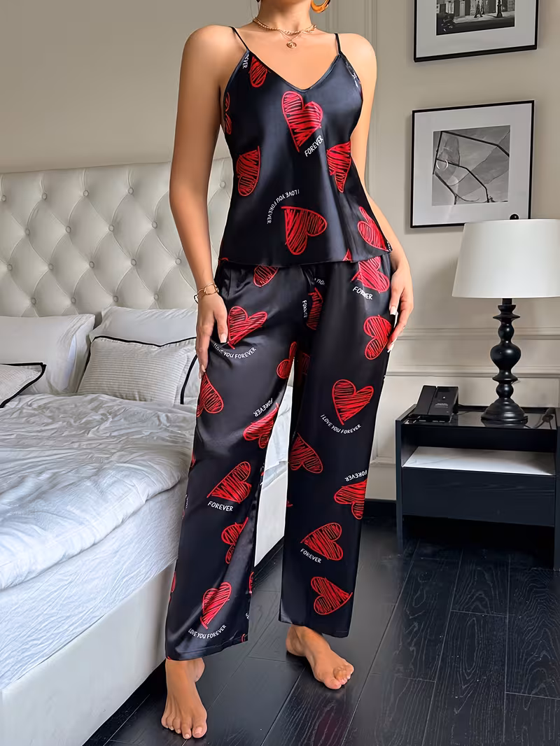 Heart Print Camisole Long Pants Sleepwear 